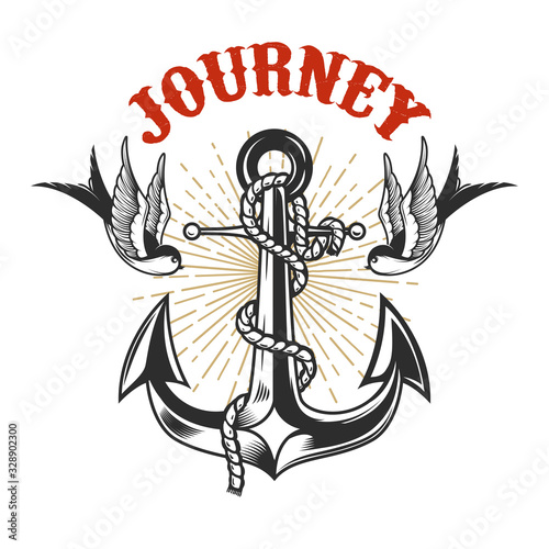 Illustration of vintage anchor with swallows in engraving style. Design element for logo, label, sign, poster, t shirt. Vector illustration