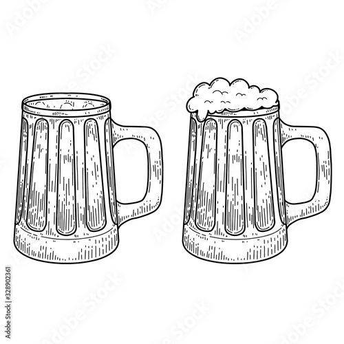 Vintage illustration of mug of beer in engraving style. Design element for logo, label, emblem, sign. Vector illustration