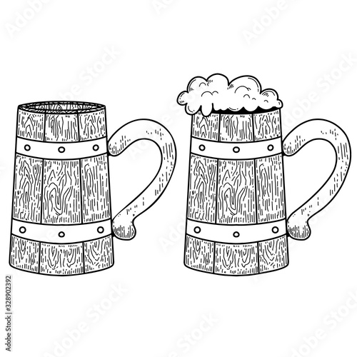 Vintage illustration of mug of beer in engraving style. Design element for logo, label, emblem, sign. Vector illustration