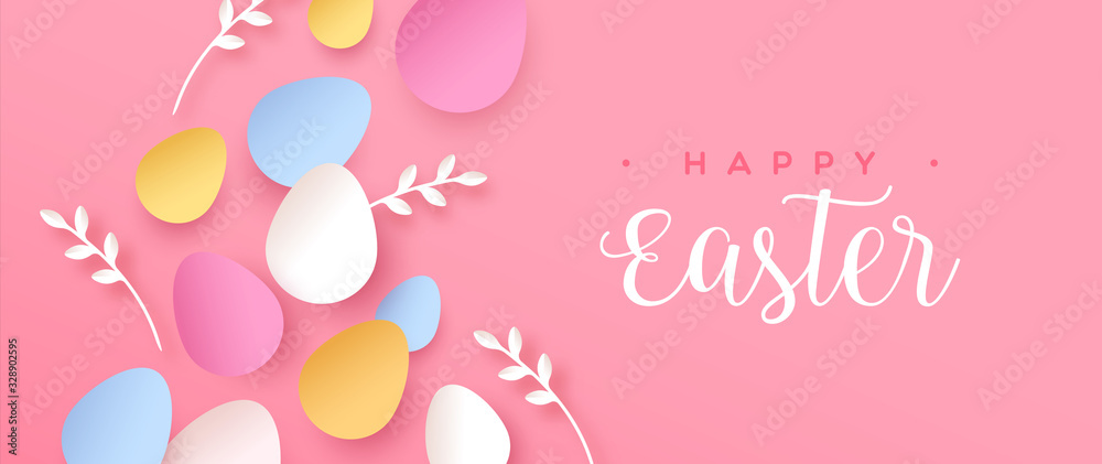 Happy easter banner of colorful paper cut eggs