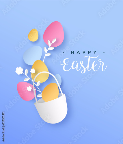 Happy easter paper cut basket and colorful eggs