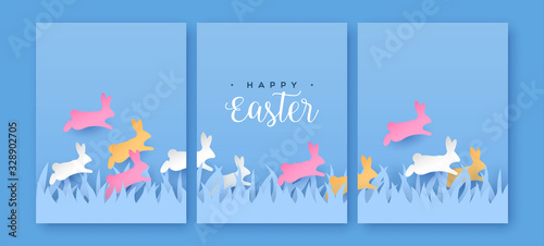 Happy easter card set of paper cut jumping rabbits