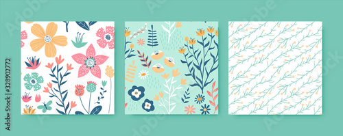 Naklejka Flower spring hand drawn seamless pattern set