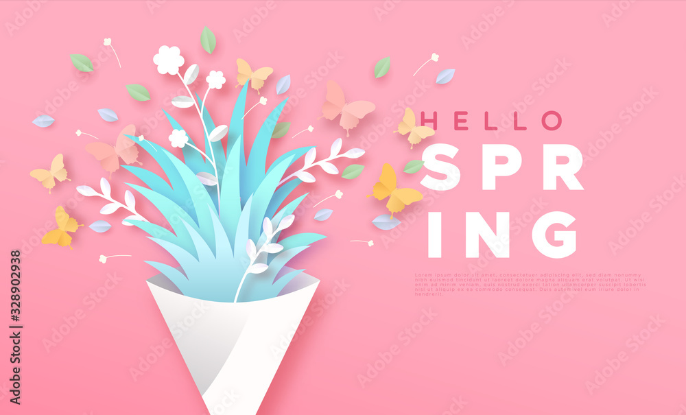 Hello spring card template of paper cut butterfly