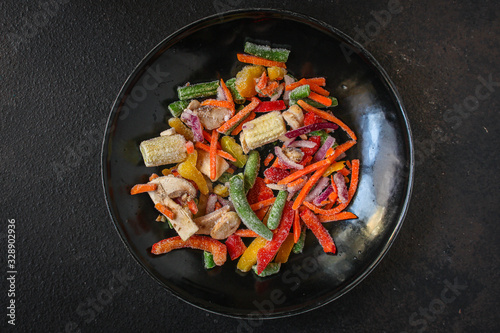 frozen vegetables mix salad onion, corn, pepper, paprika, mushrooms, asparagus beans, carrot and others, ketogenic diet menu concept. food background. top view. copy space