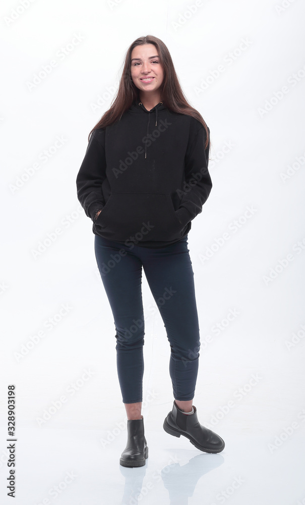 beautiful girl in jeans looking at copy space. isolated on white