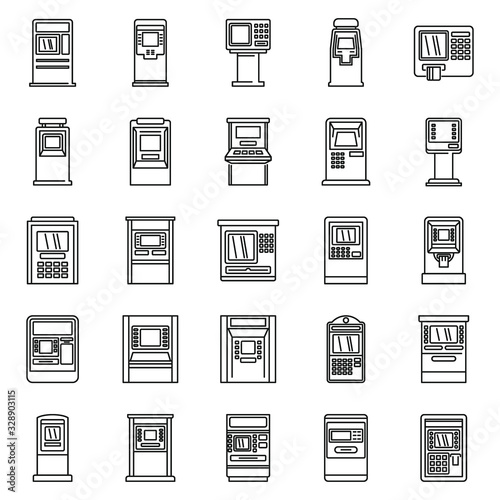 Cash atm machine icons set. Outline set of cash atm machine vector icons for web design isolated on white background