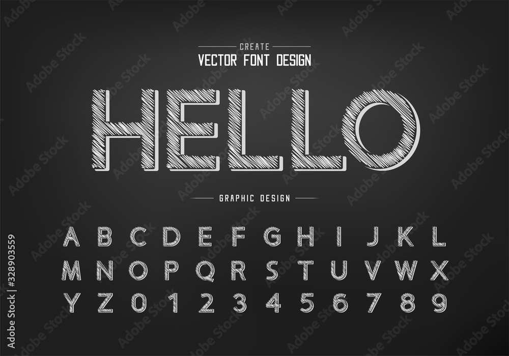 Pencil font  font and alphabet vector, Sketch design typeface and number, Graphic text on background
