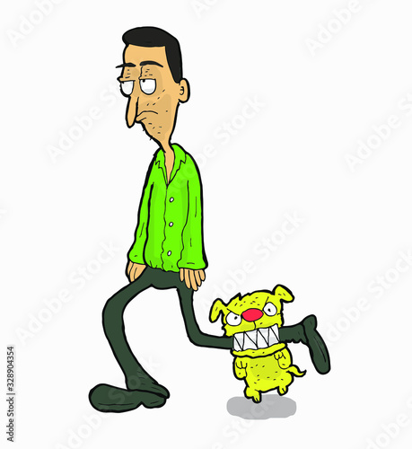 dog bites man's feet. cartoon vector.