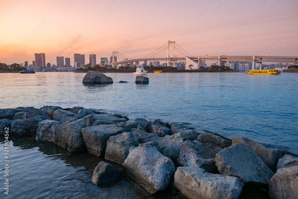 Japan: Bridge from Tokyo to Odaiba Island. Rainbow bridge. Landscape of Tokyo Bay. Rainbow bridge against the sky. Large stones lie in the city bay. Panorama of Tokyo Bay. Cities of Japan.