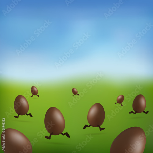 Chocolate egg 3D Happy Easter. Brown Easter running eggs  blurred green grass field  blue sky meadow background. Design frame border for hunt decoration Delicious holiday dessert. Vector illustration