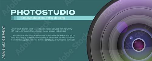 Photo studio logo and business card template. Realistic lens camera with place for text. Photo studio icon. Vector 3d illustration