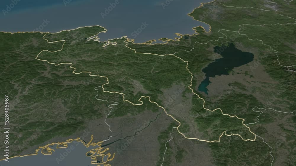 Kyoto, urban prefecture with its capital, zoomed and extruded on the satellite map of Japan in the conformal Stereographic projection. Animation 3D Kyoto, urban prefecture with its capital, zoomed and extruded on the satellite map of Japan in the conformal Stereographic projection. Animation 3D