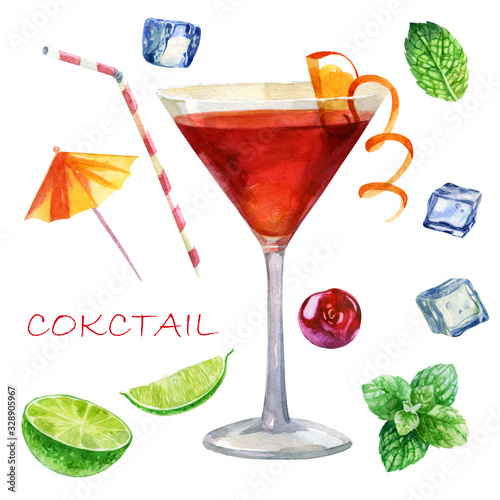 Watercolor illustration. The image of a glass with a cocktail is cosmopolitan. Mint leaves  ice cubes for cocktails  cocktail straws  cocktail umbrella  lime  lime slices.