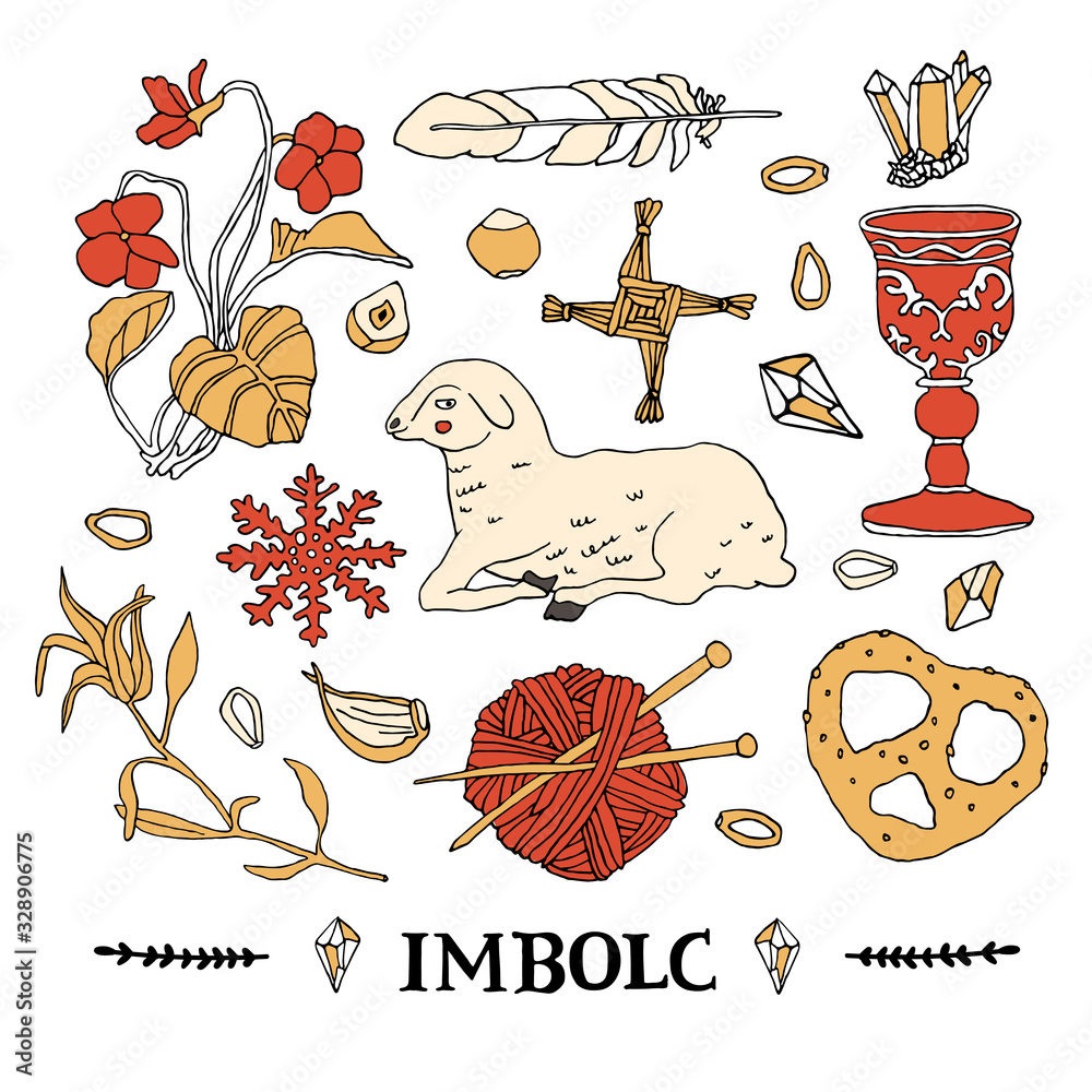 Imbolc symbols set. Celtic calendar concept. Wiccan and witchcraft