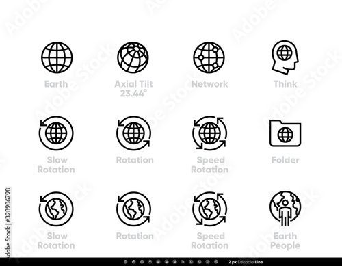Set of Earth, Global, World, Network vector icon editable line illustration