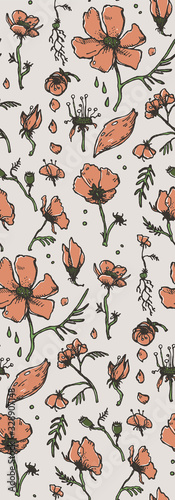 Seamless texture with Hand drawn graphic Flowers. Repeating background with Poppy and other flower. Nature illustration.