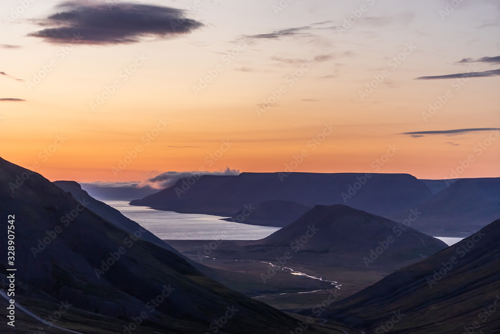 Naklejka premium Summer dramatic sunset in the westfjords of Iceland.