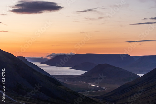 Summer dramatic sunset in the westfjords of Iceland.