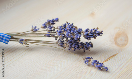 Bright lavander on wooden background with free space