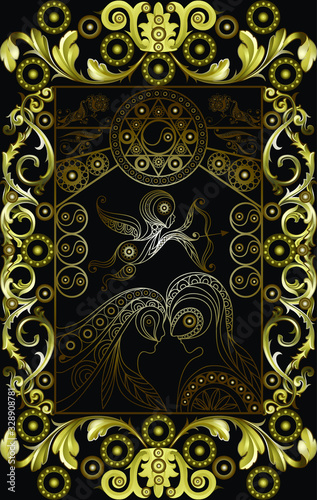 Graphic abstract design with occult tarot card. Major Arcana - The Lovers. Suitable for invitation, flyer, sticker, poster, banner, card, label, cover, web. Vector illustration.