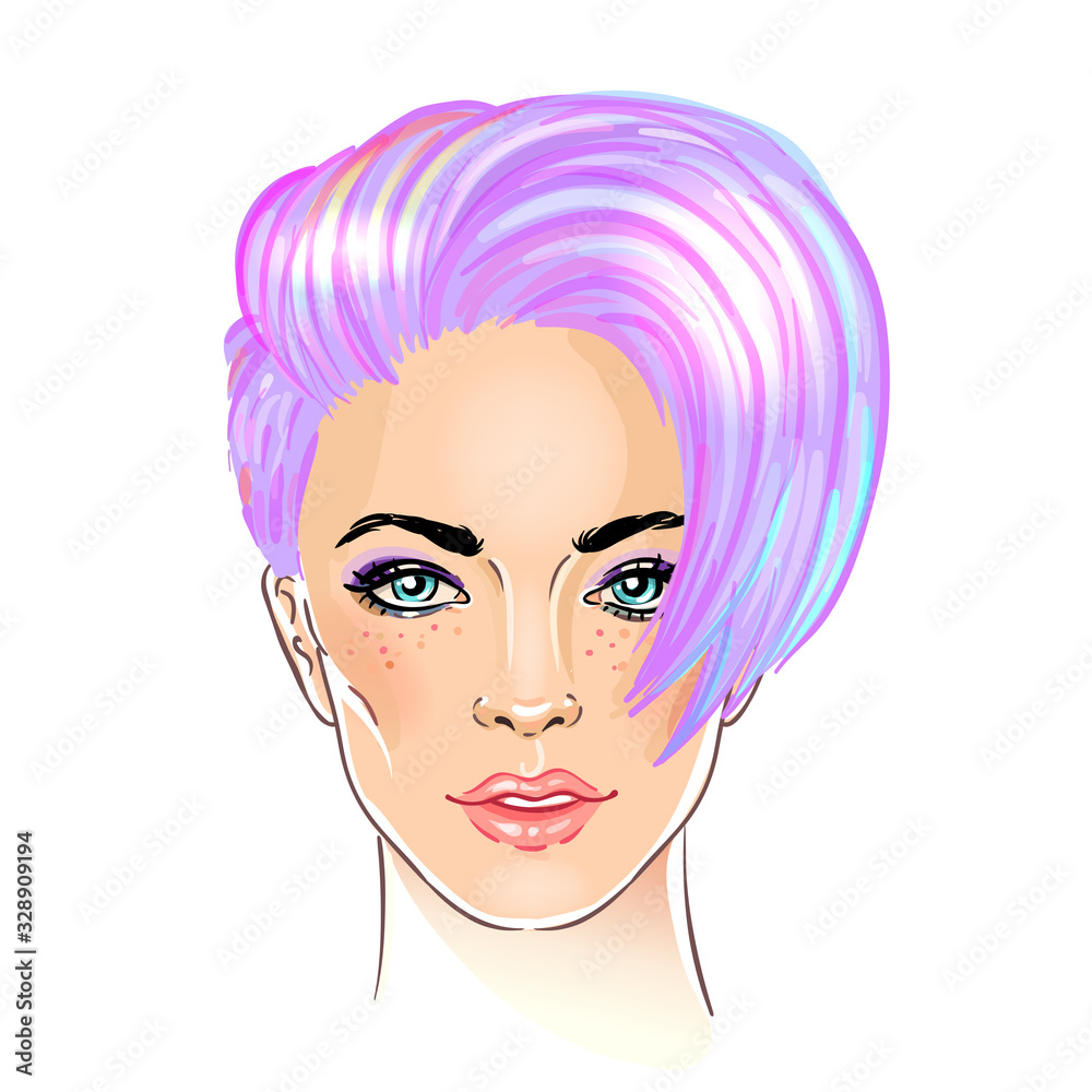 Portrait of a young pretty woman with short pixie cut. Purple hair. Vector illustration isolated on white. Hand drawn art of a modern girl. Modern street subculture haircut for woman. Portrait of a young pretty woman with short pixie cut. Purple hair. Vector illustration isolated on white. Hand drawn art of a modern girl. Modern street subculture haircut for woman.