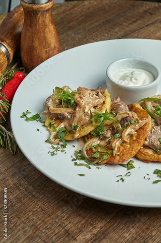 Close up view on Traditional dish of Ukrainian cuisine - potato pancakes with sour cream and beef on a white ceramic plate on rustic background