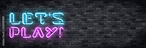 Vector realistic isolated neon sign of Let's Play flyer logo for template decoration and covering on the wall background. Concept of gaming.