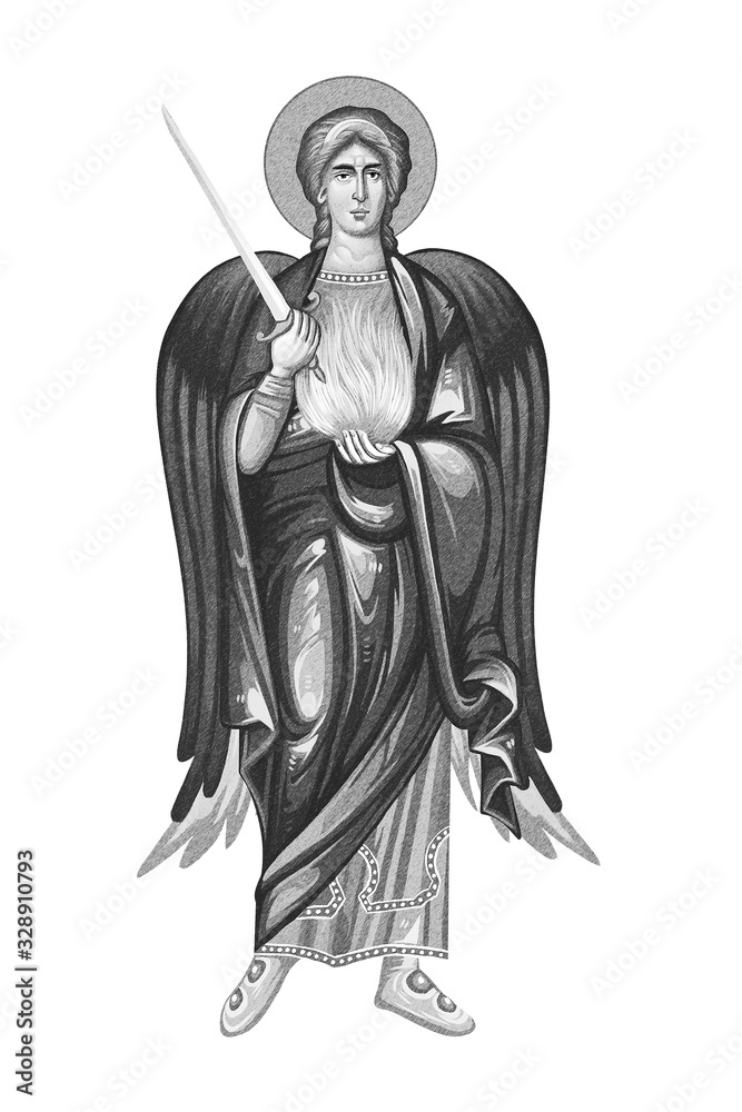 Archangel Uriel. The keeper of beauty and light, regent of the sun and constellations.  Illustration in Byzantine style.