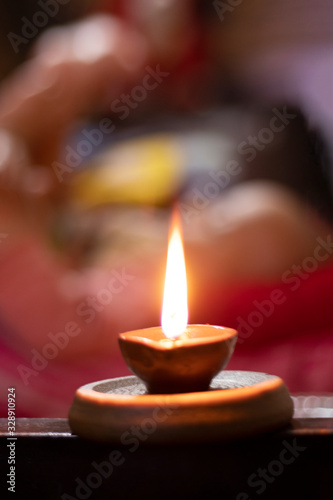 Glowing clay lamp Happy diwali festive season