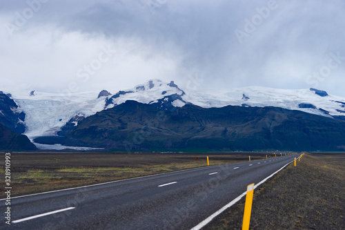 Scenic landscape with beautiful road, Mountain with glacier and snowy peak