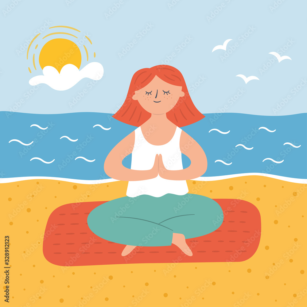Cute girl in yoga pose on the sand beach. Practicing yoga and meditates on the seashore. Vector illustration