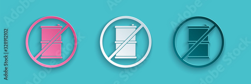 Paper cut No barrel for gasoline icon isolated on blue background. Diesel gas icon. Paper art style. Vector Illustration
