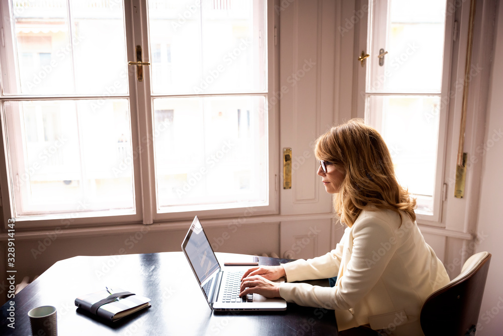 Fototapeta premium Businesswoman sitting at desk and working on her laptop