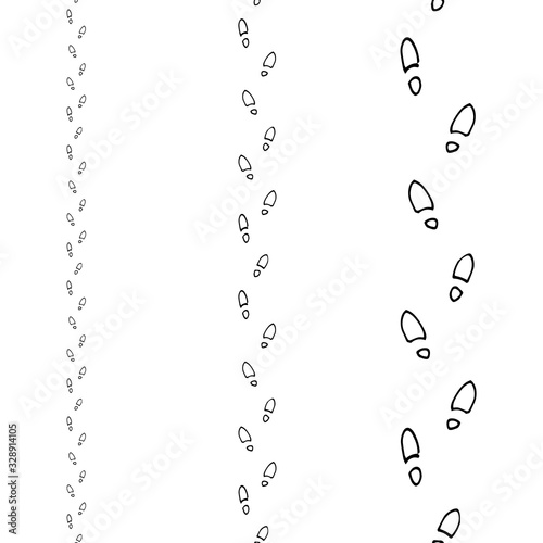 Human footprints on a white background. Black silhouette of steps isolated on a white background. Vector isolated illustration of a seamless pattern. Boot tracks go up