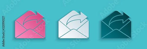 Paper cut Outgoing mail icon isolated on blue background. Envelope symbol. Outgoing message sign. Mail navigation button. Paper art style. Vector Illustration