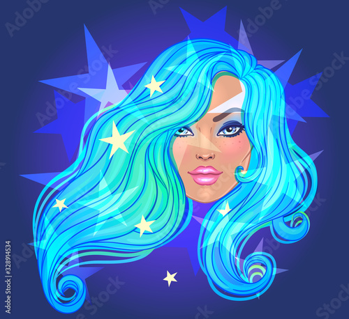 Dark magic. Mysterious girl with galaxy make up and with the sky full of stars in her hair, dyed purple. Art nouveau inspired. Astrology, mysticism concept. Vibrant colors. Vector zodiac illustration.