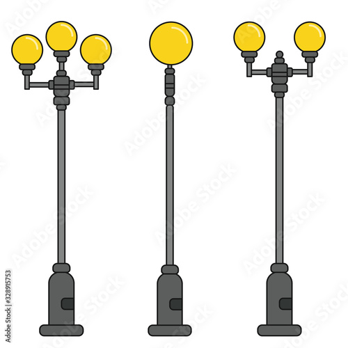 Streetlight vintage lamps with turned on light. Icons isolated on white background.