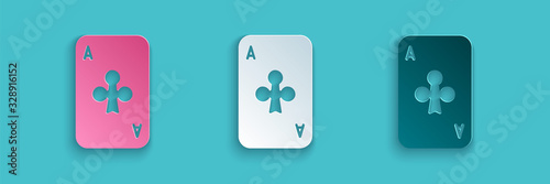 Paper cut Playing card with clubs symbol icon isolated on blue background. Casino gambling. Paper art style. Vector Illustration