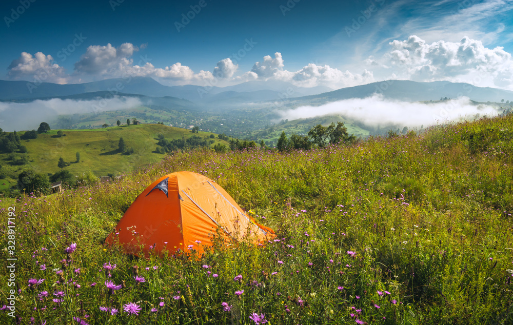 Orange camping tent on a summer meadow