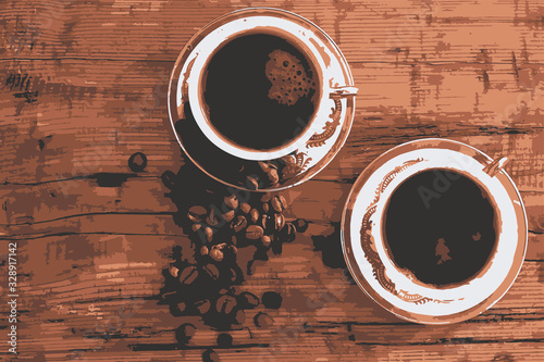  two cups of coffee on a wooden table, Text overlay text for your design. EPS10 vector background, print