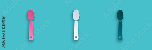 Paper cut Heroin in a spoon icon isolated on blue background. Concept of drug addiction and dependence from the narcotic. Junkie lifestyle. Paper art style. Vector Illustration