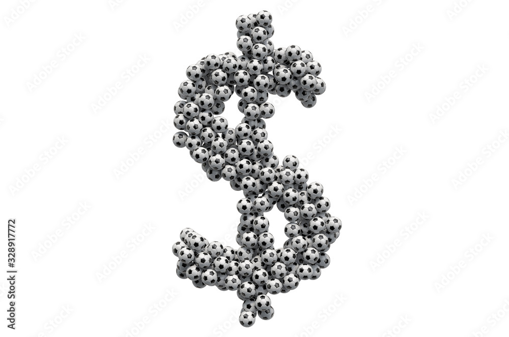 Dollar symbol from soccer balls, 3D rendering Dollar symbol from soccer balls, 3D rendering