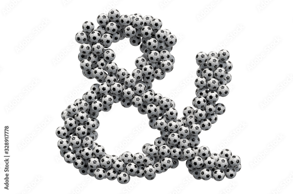 Ampersand symbol from soccer balls, 3D rendering
