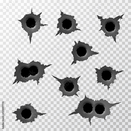 Ragged Bullet Hole. Torn surface from bullet. Ripped metal on transparent background. Vector illustration