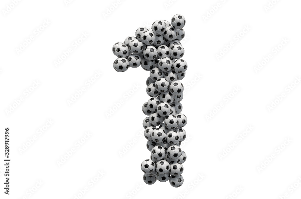 Number 1 from soccer balls, 3D rendering Number 1 from soccer balls, 3D rendering