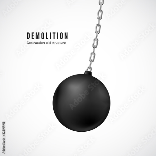 Demolition ball on chain in motion. Heavy black wrecking ball for buildings destruction. Vector