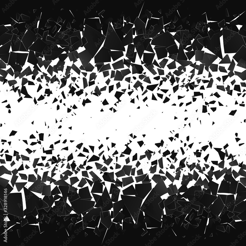 Shatter and destruction halftone effect. Abstract cloud of pieces and fragments after explosion. Vector
