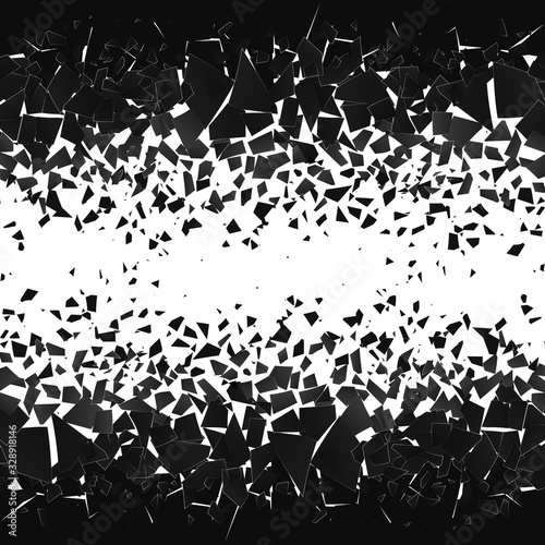 Shatter and destruction halftone effect. Abstract cloud of pieces and fragments after explosion. Vector