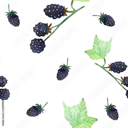 Watercolor hand painted nature summer berry seamless pattern with purple blackberry on stem branches with green leaves isolated on the white background, trendy print for design elements